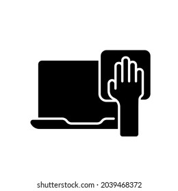 Laptop disinfection glyph icon. Hand with rag. Vector fill black illustration.