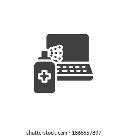 Vektorsymbol für die Laptop-Desinfektion volles Flachzeichen für mobiles Konzept und Webdesign. Laptop und Sanitisierer Spray-Glyph-Symbol. Symbol, Logo-Abbildung. Vektorgrafik