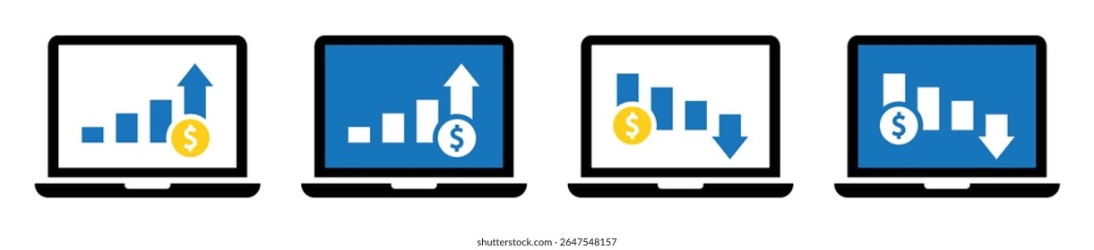 Laptop display finance graph set icon, vector illustration