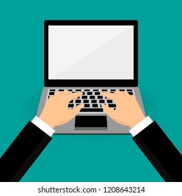 A laptop. Display. Hands on the keyboard. Vector illustration. Flat design of business financial marketing banking for advertising web concept cartoon illustration.