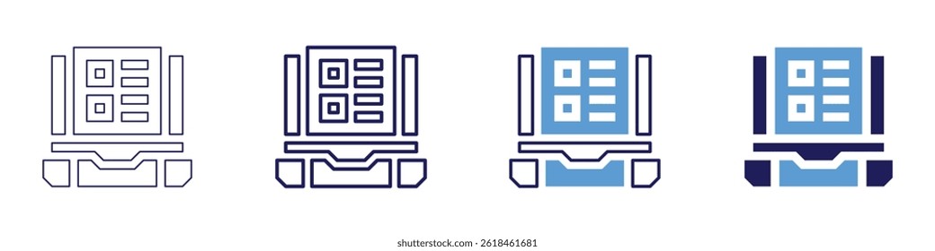 Ícone de exibição do laptop em 4 estilos diferentes. Linha Fina, Linha, Linha Negrito, Duotônico. Estilo duotônico. Traçado editável.