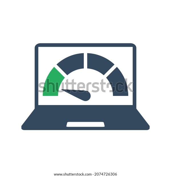 laptop display with left green\
gauge indicator sector, benchmark result or speed check vector\
icon