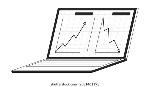 Laptop display line graphs with upward, downward trends black and white 2D line object. Notebook screen comparative data analysis isolated clip art vector outline item. Monochromatic spot illustration