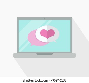 Laptop display with love dialogue messages. Happy Valentine's Day concept. Vector illustration