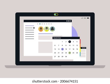 A laptop display with open program email windows, calendar and chat app