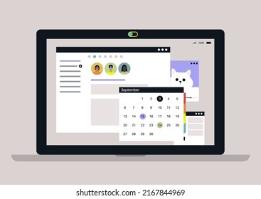 A laptop display with open program email windows, calendar and chat app