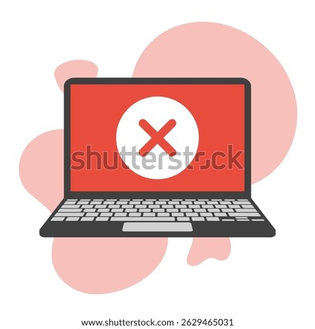 laptop display with red fatal error message, broken operation system or software flat vector illustration
