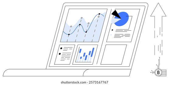 Laptop display with various charts and graphs rising arrow symbolizing financial growth and a Bitcoin symbol. Ideal for data analysis business growth financial planning online trading