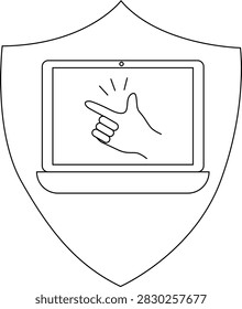 A laptop displayed on a shield with a hand gesture pointing, symbolizing digital security and protection against cyber threats.