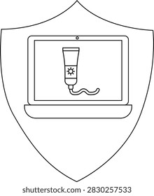 A laptop displayed on a shield, with a tube of sunscreen on the screen, symbolizing protection against harmful digital exposure and cybersecurity.