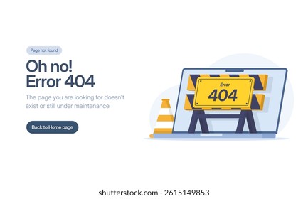Laptop displaying a 404 error, perfect for website maintenance, error pages, technology blogs, and digital concept designs. Suitable for various digital projects.
