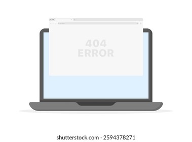 Laptop displaying 404 error screen on browser window. Vector icon