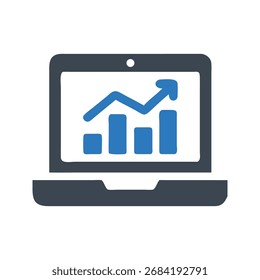 Laptop displaying a blue bar chart with an upward trending arrow, symbolizing financial growth and data analysis.