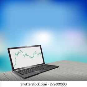 Laptop displaying chart.In the background of sky and sea.