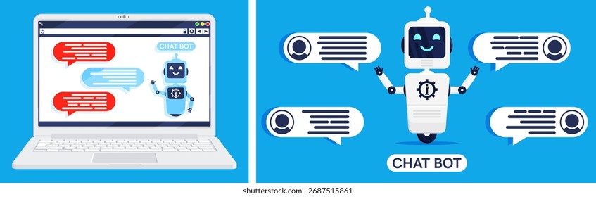 Laptop displaying chat bot with message bubble. Automation and artificial intelligence concept. Digital customer support technology.