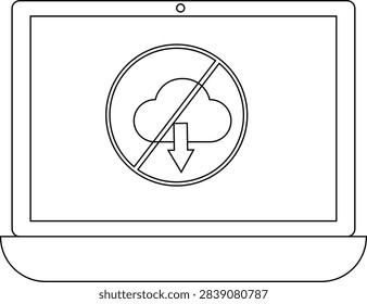 A laptop displaying a cloud with a downward arrow crossed out, indicating a problem with cloud downloads or connectivity.