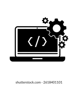 Laptop displaying code with gear icons representing settings and configuration