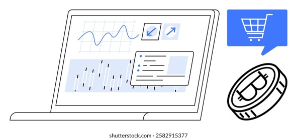 Laptop displaying cryptocurrency graphs and trading data, alongside a Bitcoin coin and a blue shopping cart symbol. Ideal for finance, trading, e-commerce, cryptocurrency, digital marketing, online