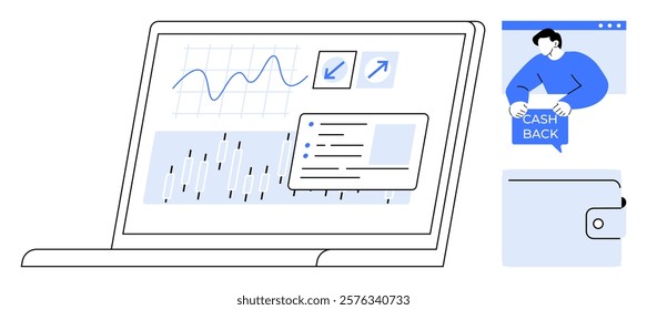 Laptop displaying data charts and analytics. Person offers cashback. Wallet icon. Ideal for financial technology, data analysis, online transactions, cashback programs, digital wallets. Simple vector