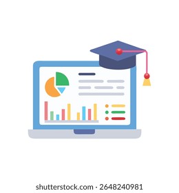 Portátil que muestra gráficos de datos y gorra de graduación; un estilo de ilustración plana que sugiere aprendizaje en línea y logros académicos.