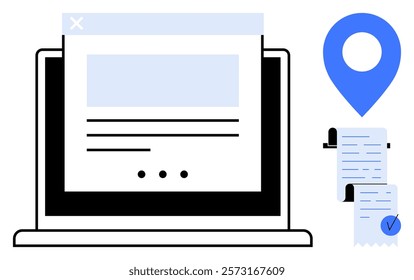 Laptop displaying a document, a location pin, and receipts with checkmark. Ideal for online document management, business processing, digital receipt tracking, location-based services, and task