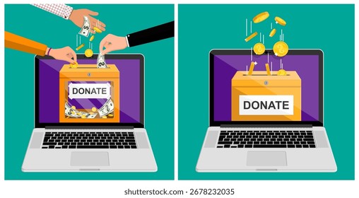 Portátil que muestra una caja de donaciones con dinero que cae y manos que ponen fondos. Concepto de caridad y crowdfunding en línea para la recaudación de fondos digitales.