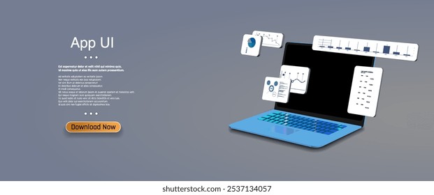 A laptop displaying dynamic app user interface elements and data visualizations for technology enthusiasts in a modern workspace setting.