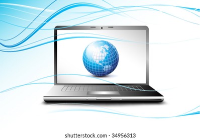 laptop displaying earth globe, vector business concept