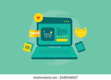 Laptop displaying an eCommerce website with add to cart, secure payment, online order, and delivery features