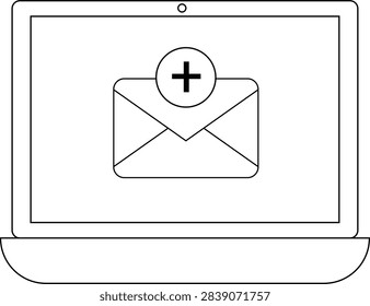 A laptop displaying an email icon with a plus sign, symbolizing new message notifications and digital communication on a computer screen.
