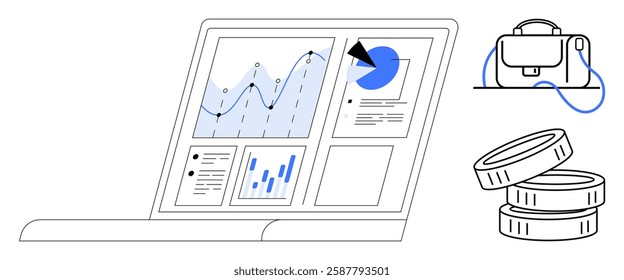 Laptop displaying financial charts next to a briefcase and stacked coins. Ideal for financial planning, investment strategy, business analysis, economic forecasting, wealth management, consulting