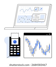 Laptop displaying financial charts and a web window with market data alongside, a payment terminal with receipt. Ideal for finance, data analysis, market research, banking, investment, trading