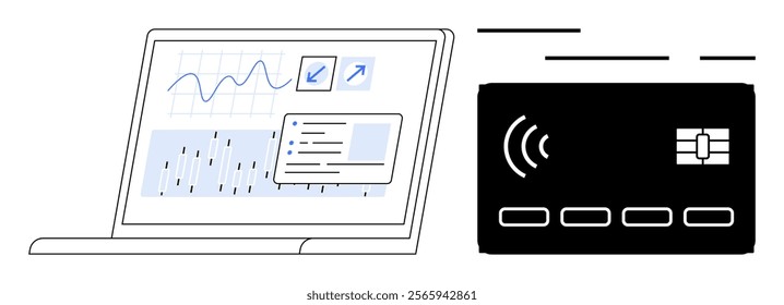 A laptop displaying financial graphs and data alongside a credit card. Ideal for digital payments, online banking, e-commerce, financial technology, and data analytics. Outline and flat style