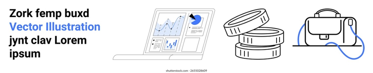 Laptop exibindo gráficos financeiros, pilha de moedas e saco de trabalho. Ideal para negócios, finanças, tecnologia, gerenciamento de espaço de trabalho, educação, planejamento de estratégia, trabalho remoto. Página inicial