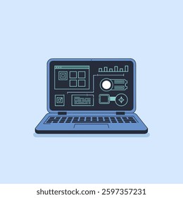 A laptop displaying a futuristic interface with glowing digital elements, advanced technology visuals, and holographic-style graphics representing innovation and modern computing.