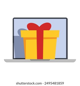 Laptop is displaying a gift box, suggesting an online celebration or surprise