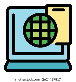 Laptop displaying globe and folder icon, symbolizing cloud computing, data storage, and global network access
