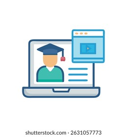 Laptop displaying a graduate and video player. Flat style illustration representing online education and training courses available digitally.