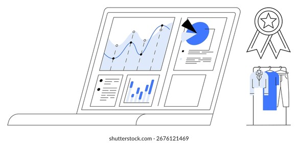 Laptop exibindo gráficos e gráficos, ícones azuis e pretos, faixa de prêmios, rack de roupas. Ideal para apresentações de negócios, análises, e-commerce, rastreamento de vendas, marketing gerenciamento de varejo moda
