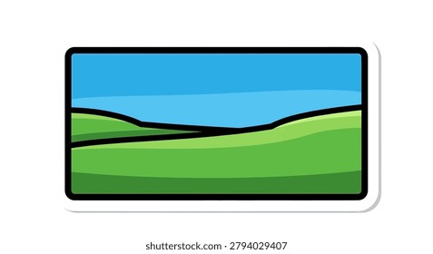 Laptop displaying green landscape image