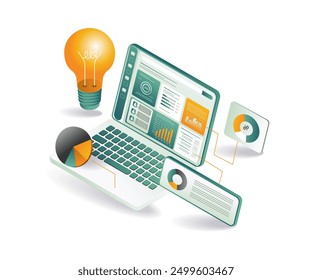 A laptop displaying a light bulb icon and a graph chart, symbolizing creativity and data analysis
