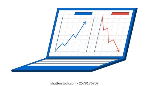 Laptop displaying line graphs with upward, downward trends 2D cartoon object. Notebook screen comparative data analysis isolated element flat vector clipart on white background. Spot illustration