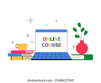 Laptop Displaying Online Course With Books And Vase In Flat Vector Illustration Symbolizing E Learning, Remote Education, And Knowledge, Isolated On White Background.