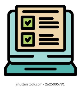 Laptop mostrando pesquisa on-line com feedback positivo, marcas de verificação indicando conclusão bem-sucedida
