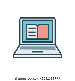 Laptop displaying open book icon, symbolizing digital education, rendered in flat vector style against a White Background.