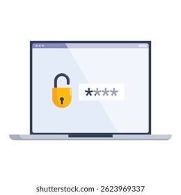 Laptop muestra una pantalla de Inicio de sesión protegida contra Contraseñas con un ícono de candado desbloqueado, que simboliza la ciberseguridad y la protección de datos