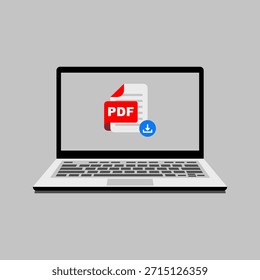 Notebook exibindo um documento PDF com um ícone de download, simbolizando o gerenciamento de arquivos digitais e o acesso on-line a documentos