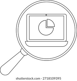Laptop displaying a pie chart is viewed through a magnifying glass