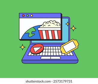 Laptop displaying popcorn and a movie ticket hand drawn cartoon illustration for representing entertainment and online viewing experiences