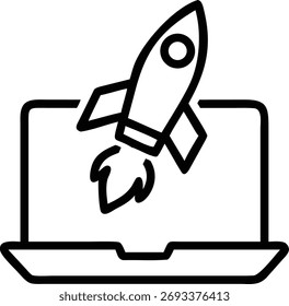 A laptop displaying a rocket launching from its screen symbolizes technological advancement, innovation, and the rapid growth of a startup business venture.